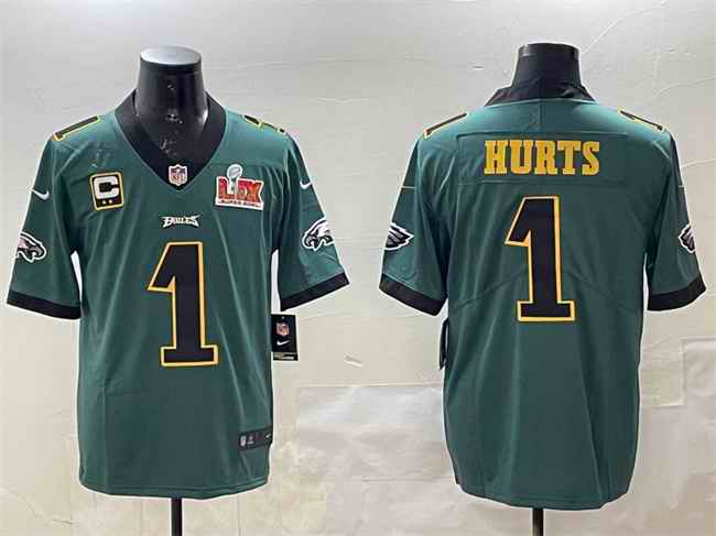 Men's Philadelphia Eagles #1 Jalen Hurts Green Golden 2025 Super Bowl LIX Patch And 2-star C Patch Vapor Untouchable Limited Stitched Football Jersey